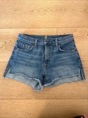 7 For All Mankind Medium Blue Frayed Hem Denim Shorts